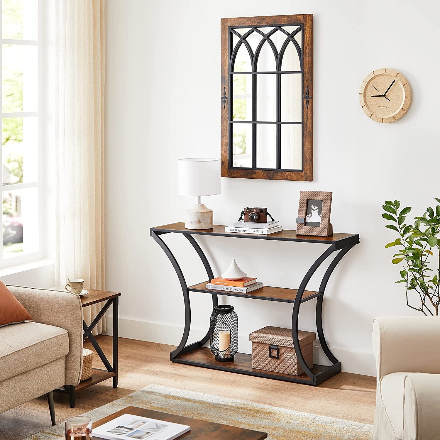 Konzolasztal polcokkal, rusztikus barna 120x30x80cm-4