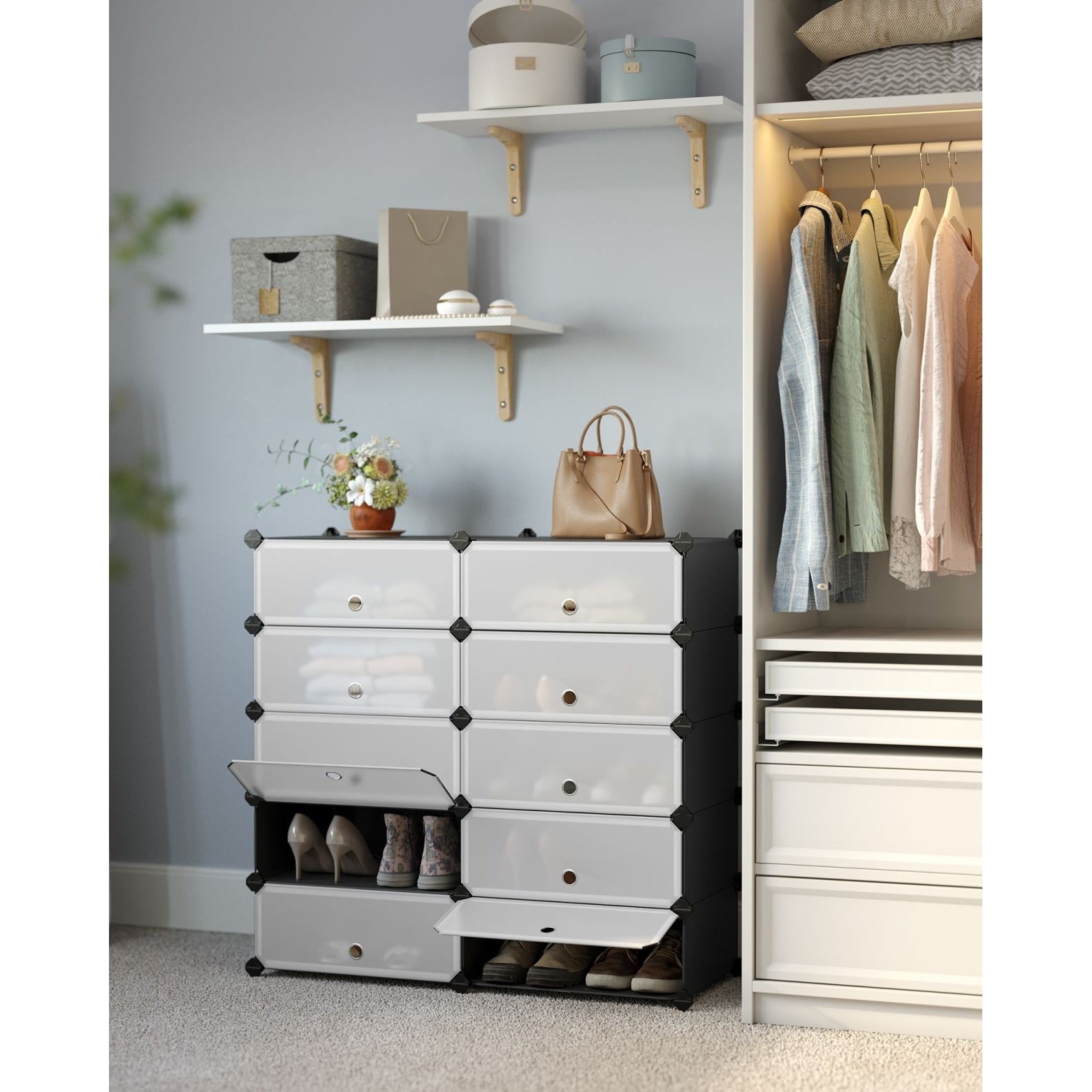 Cipőtároló doboz 10 db moduláris tárolódoboz, fekete 43x31x173cm-1