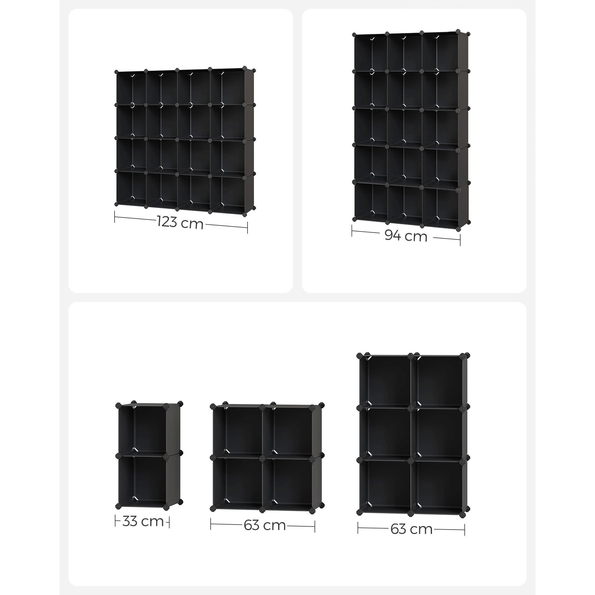 Tároló dobozok moduláris műanyag rendszerező kockák 15 db, fekete 123x31x123cm-3