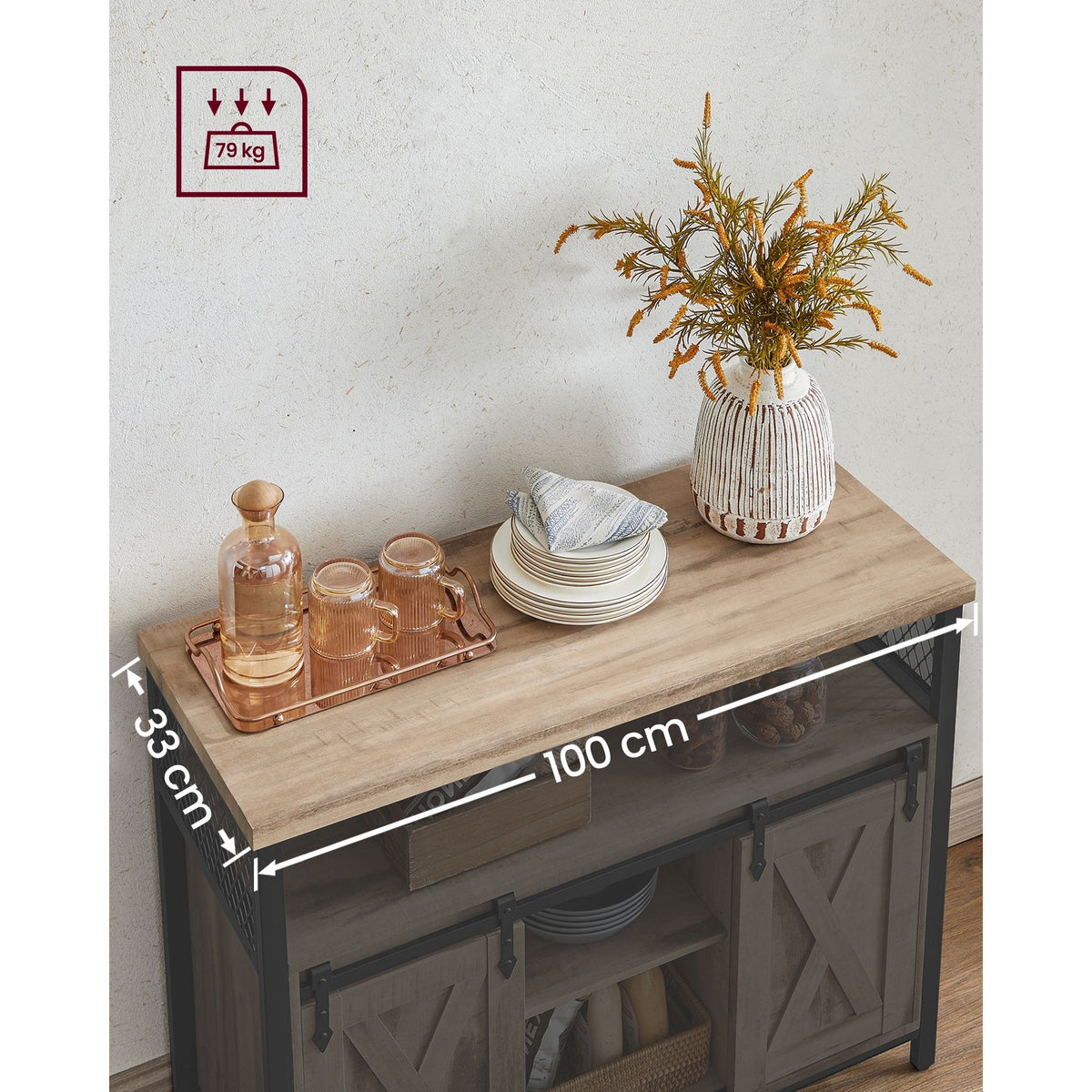 Komód elhúzható ajtókkal és nyitott polcokkal, homokbarna 100x33x80cm-6