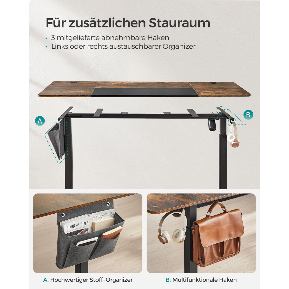 Íróasztal, elektromosan állítható magasság, rusztikus barna és fekete 70 x 160 x (72-120) cm-6