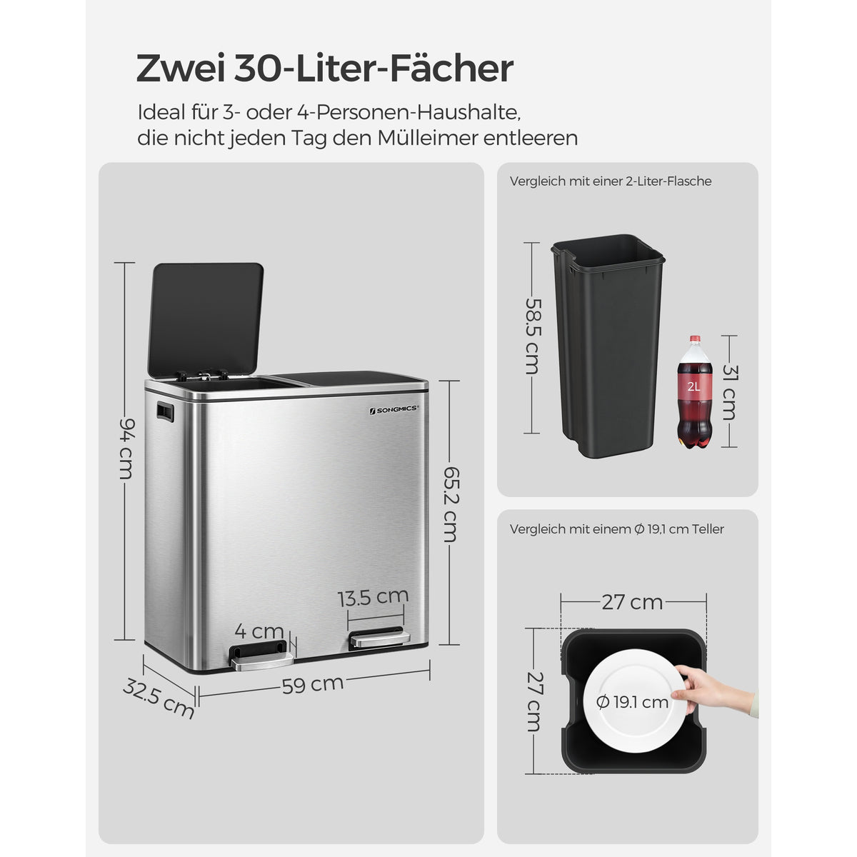 Szelektív szemeteskuka 2x30L, ezüst-5