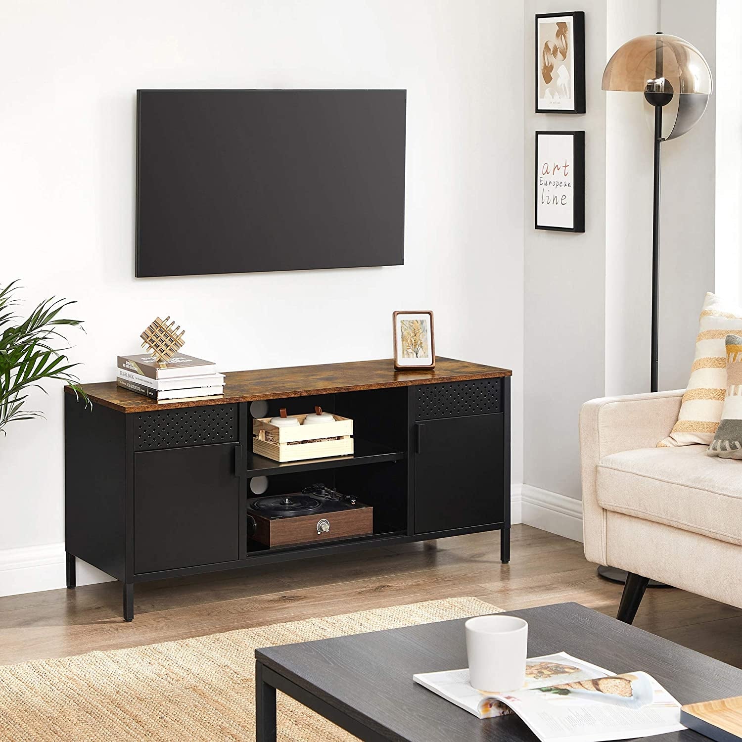 TV szekrény, 2 ajtóval, polcokkal, rusztikus barna és fekete 120x40x55cm-3