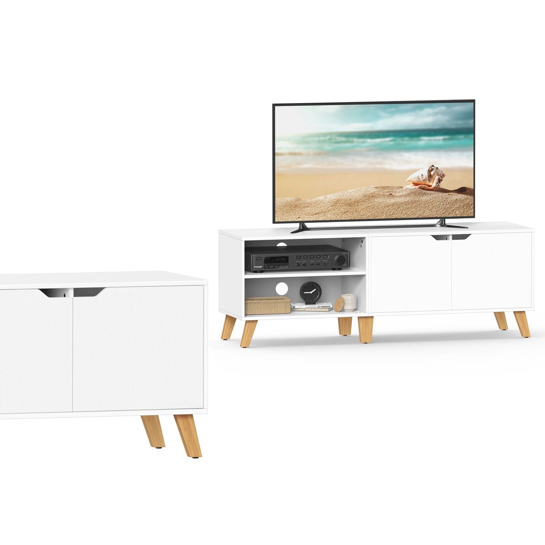 TV szekrény, 2 ajtóval, polcokkal, fehér 140x40x45cm-9