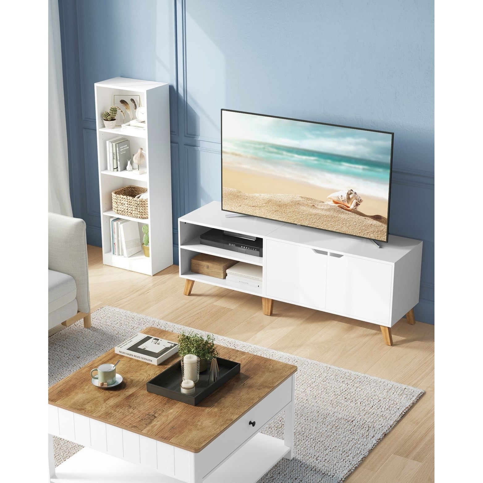 TV szekrény, 2 ajtóval, polcokkal, fehér 140x40x45cm-3