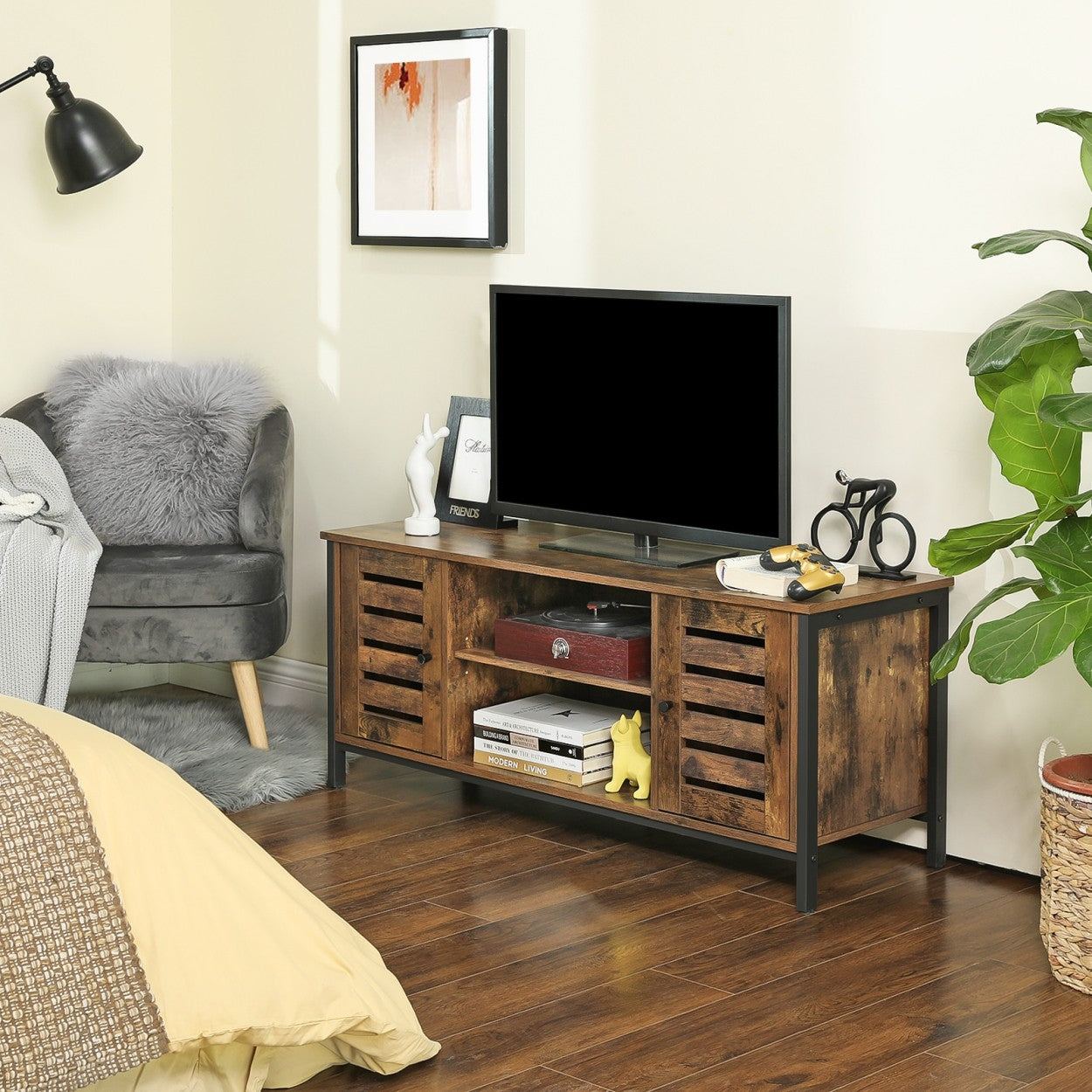 TV szekrény polcokkal és két ajtóval, rusztikus barna 110x40x50cm-4