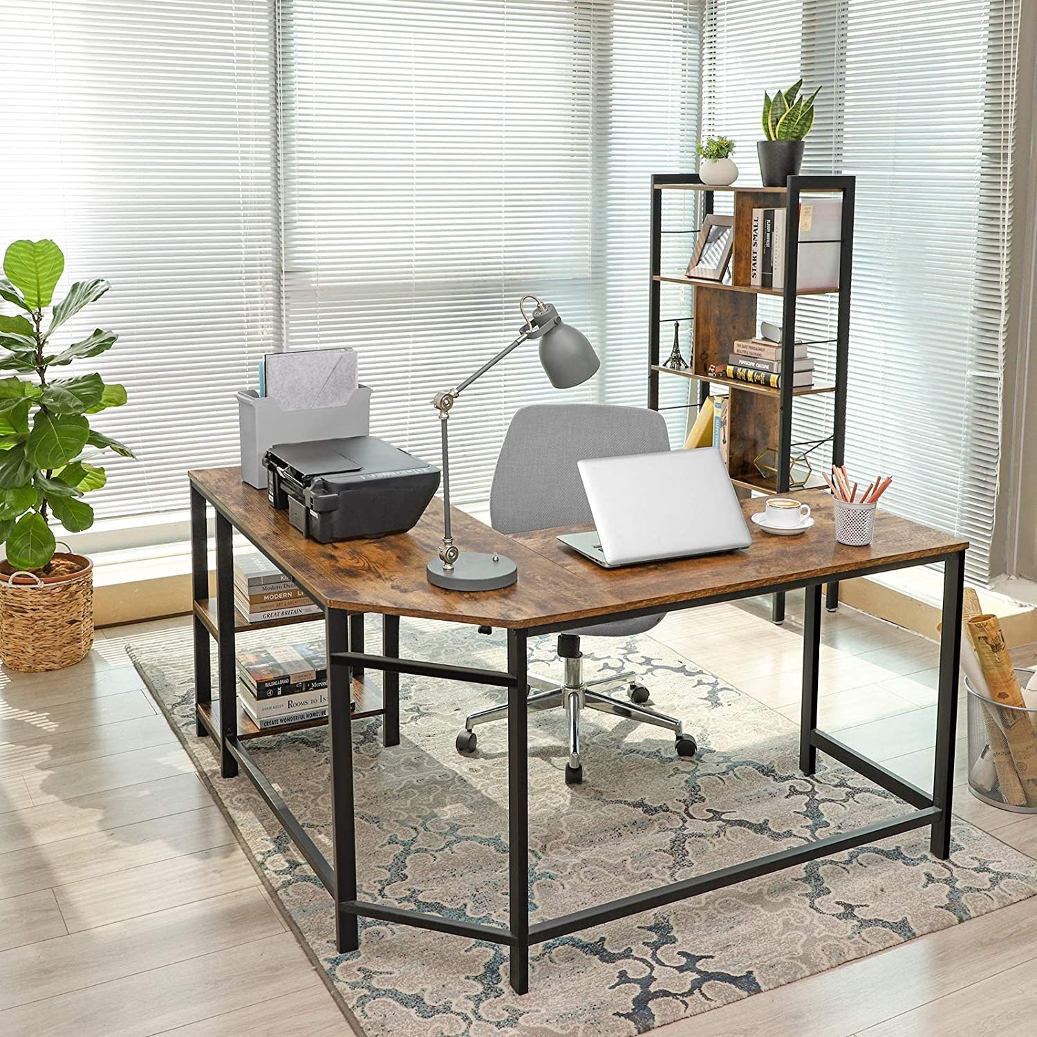 Sarok íróasztal polcokkal, rusztikus barna 138x138x76cm-6