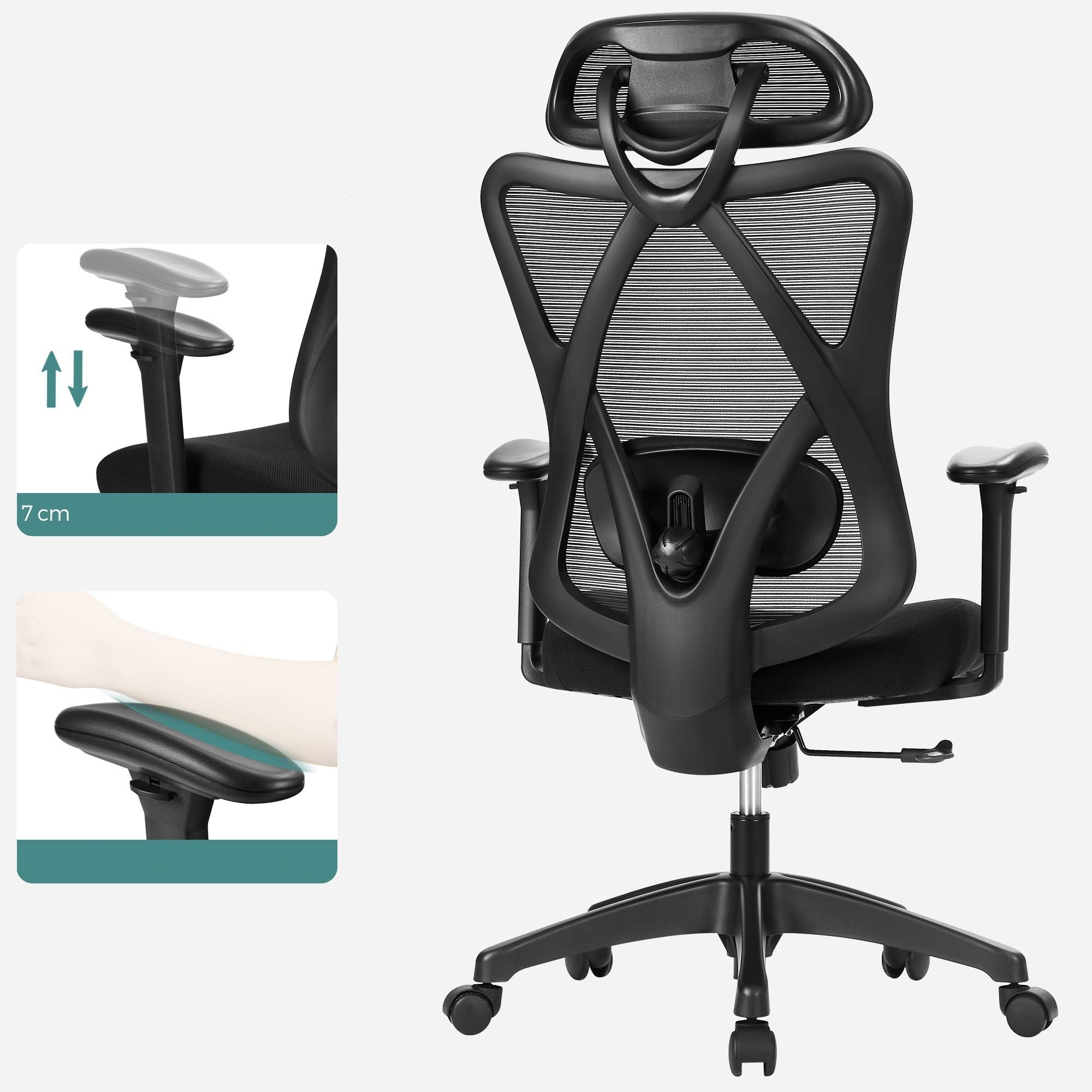 Irodai ergonomikus szék, állítható deréktámasszal és fejtámlával, fekete-4