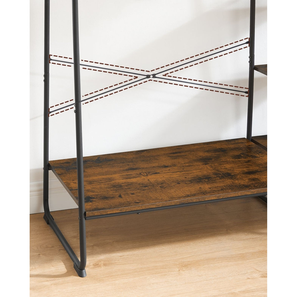 Ruhatároló, ruhaakasztó, 5 szintes polccal, 6 akasztóval, ‎45 x 120 x 160 cm, rusztikus barna-9