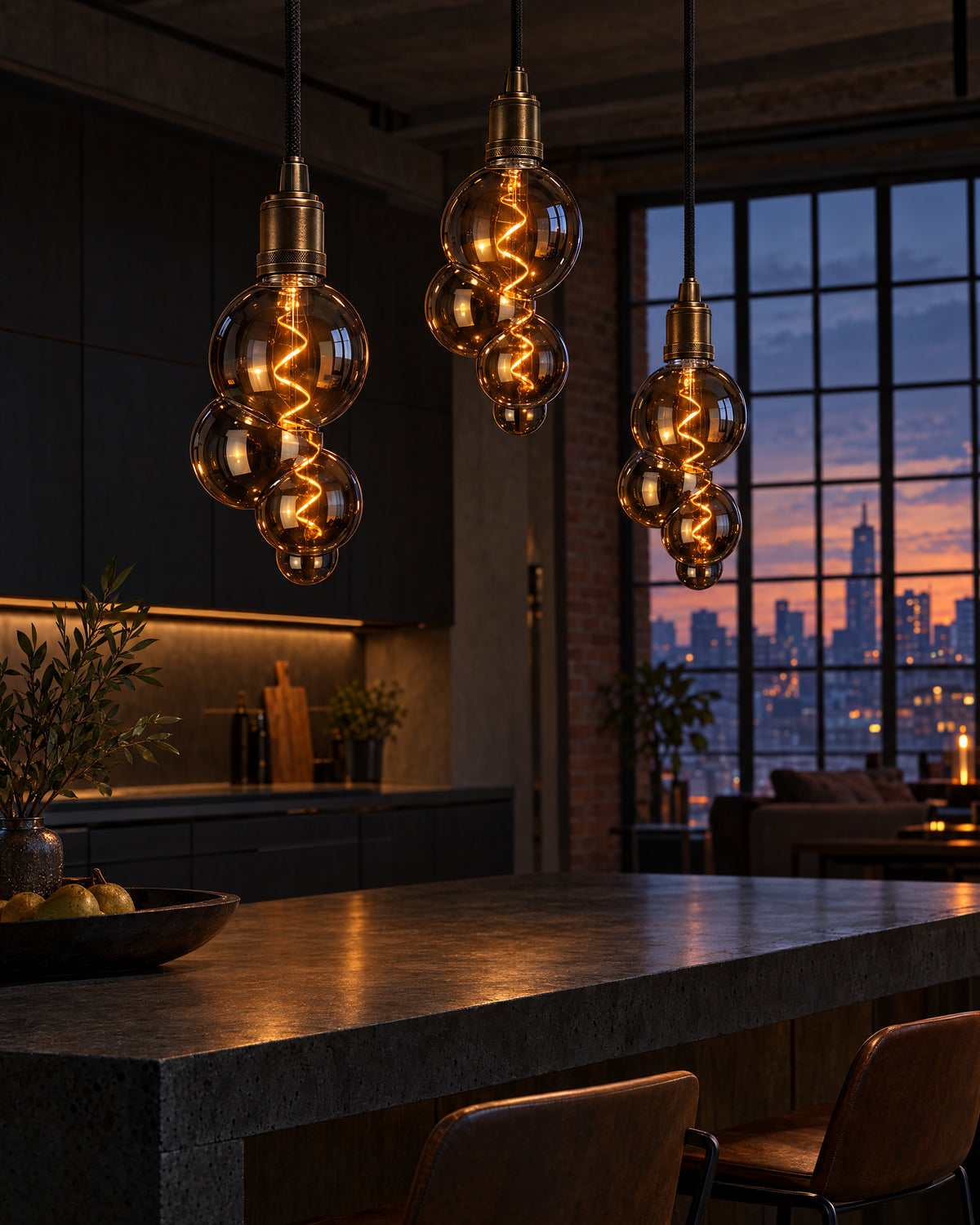 Három Grappolo füst színű dekor LED izzó függesztéken konyhapult fölött, loft lakásban